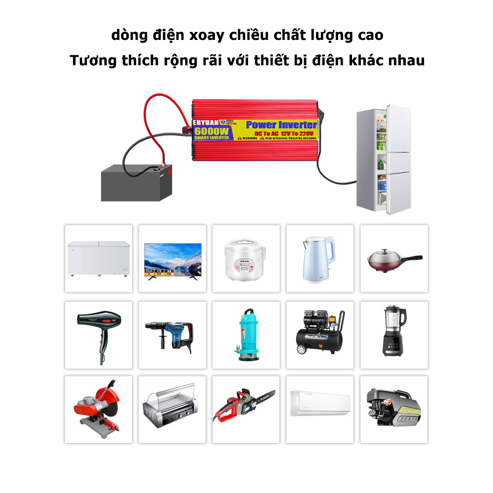 ERYUAN Bộ kích điện inverter 12V lên 220V CÔNG SUẤT 1200w, 1500w, 2000w Sóng Sine Chuẩn Bảo Hành 2 Năm