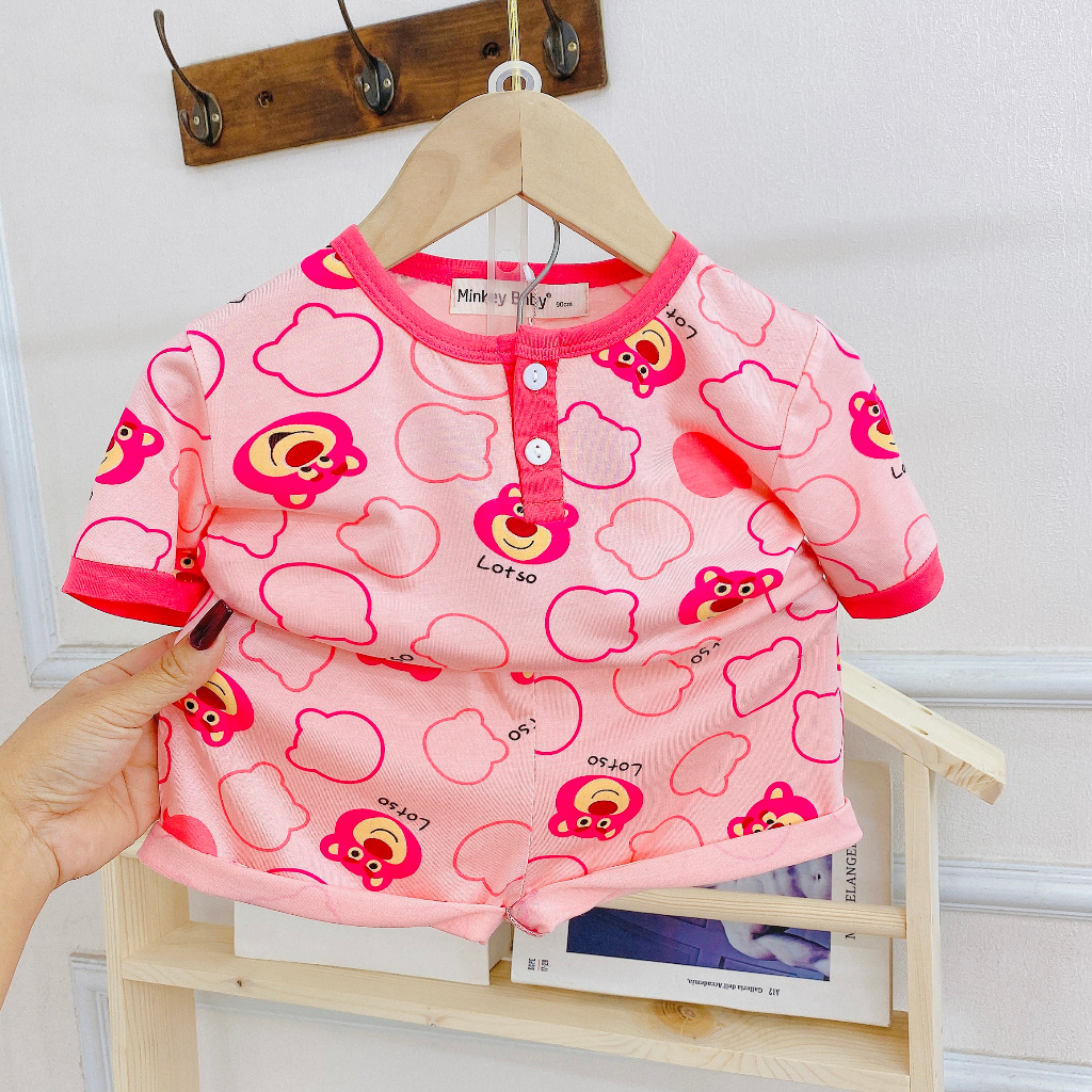 Size Cộc Tay Chất Thun Lạnh Minkey BaBy In Hình Toàn Thân Gấu Dâu,Khủng Long Siêu Xinh Dành Cho Bé