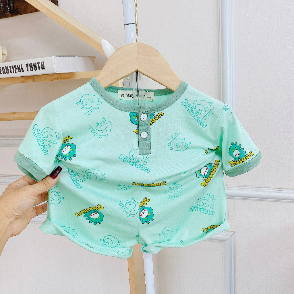 Size Cộc Tay Chất Thun Lạnh Minkey BaBy In Hình Toàn Thân Gấu Dâu,Khủng Long Siêu Xinh Dành Cho Bé