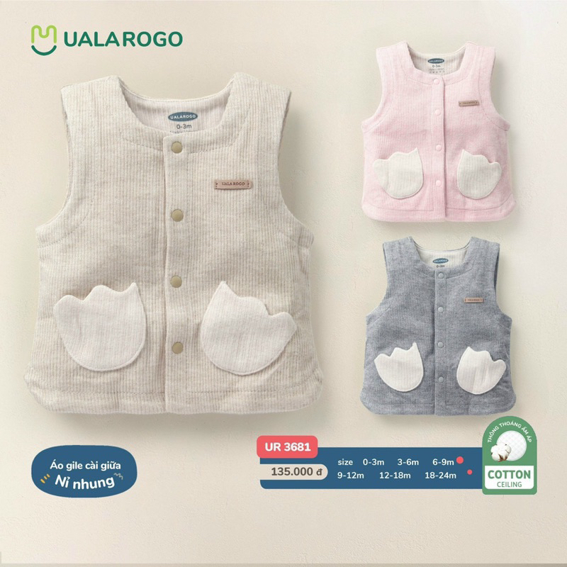 Áo gile Ualarogo/Uala rogo cho bé size 0-3m đến 18-24m