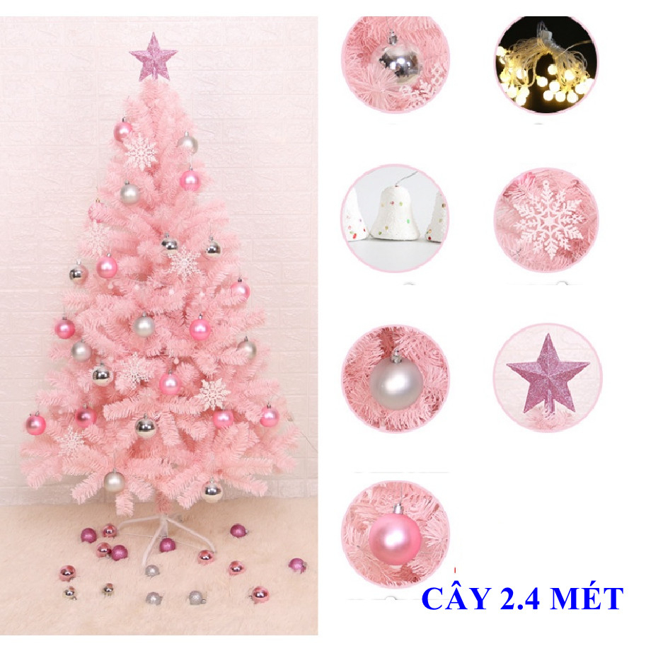 Cây Thông Màu Hồng SET04 Full Phụ Kiện Cao 2.4m Trang Trí Noel, Giáng Sinh