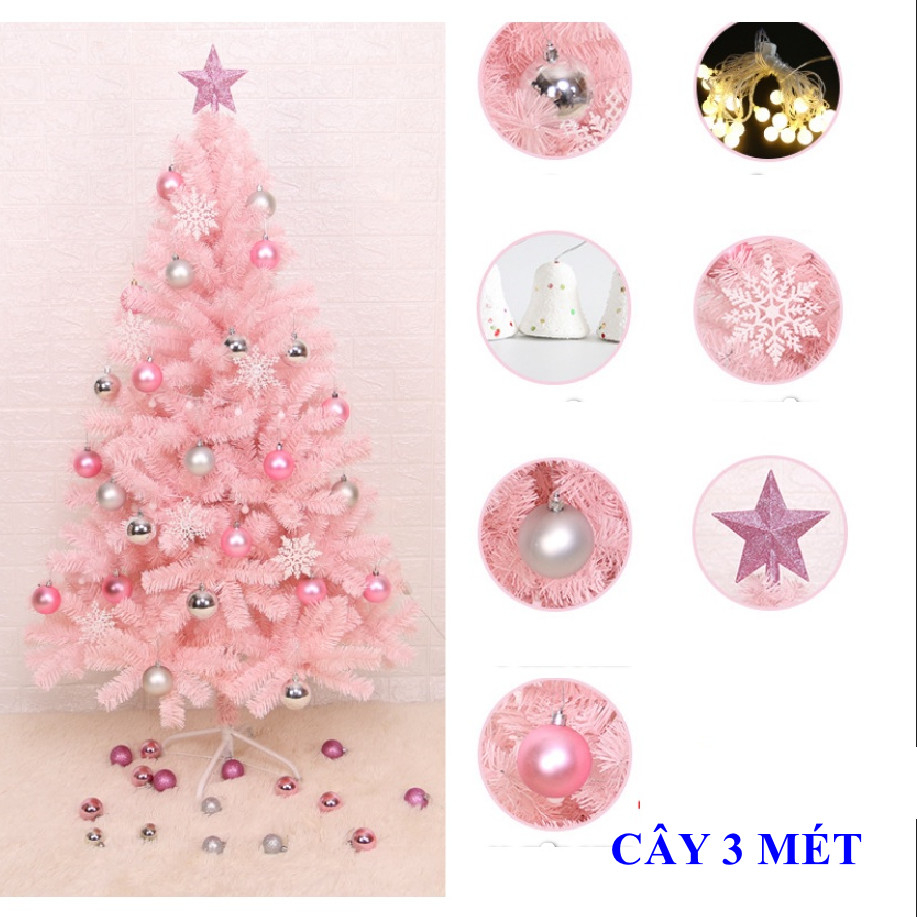 Cây Thông Màu Hồng SET04 Full Phụ Kiện Cao 3m Trang Trí Noel, Giáng Sinh
