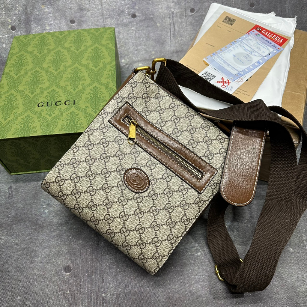 Túi đeo chéo Gucci GG  chuẩn like Âu 1.1 canvas trơn phối viền da nâu có video