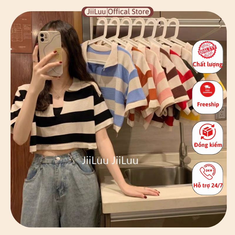 Áo len cộc tay cổ V crotop dáng thụng kẻ ngang JiiLuu trẻ trung, mạnh mẽ