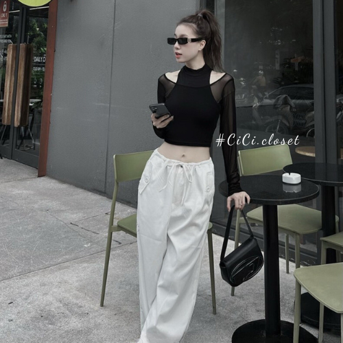 Áo thun lưới xuyên thấu dài tay,áo lưới nữ tay dài mix áo thun ba lỗ ôm body phong cách sexy,cá tính