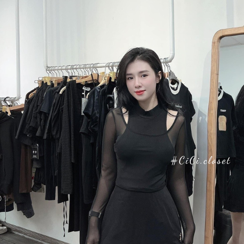 Áo thun lưới xuyên thấu dài tay,áo lưới nữ tay dài mix áo thun ba lỗ ôm body phong cách sexy,cá tính