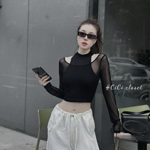 Áo thun lưới xuyên thấu dài tay,áo lưới nữ tay dài mix áo thun ba lỗ ôm body phong cách sexy,cá tính
