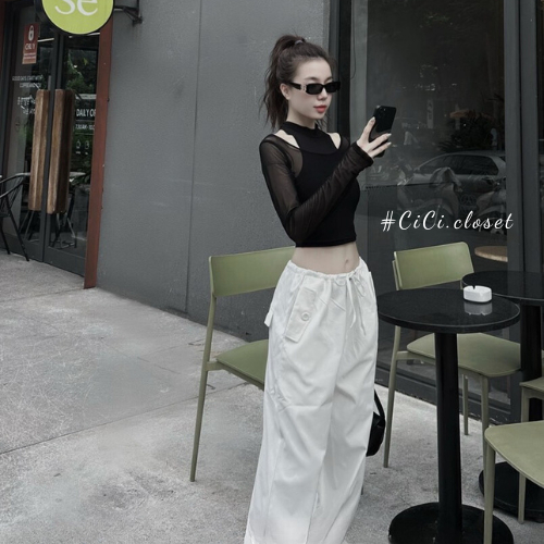 Áo thun lưới xuyên thấu dài tay,áo lưới nữ tay dài mix áo thun ba lỗ ôm body phong cách sexy,cá tính
