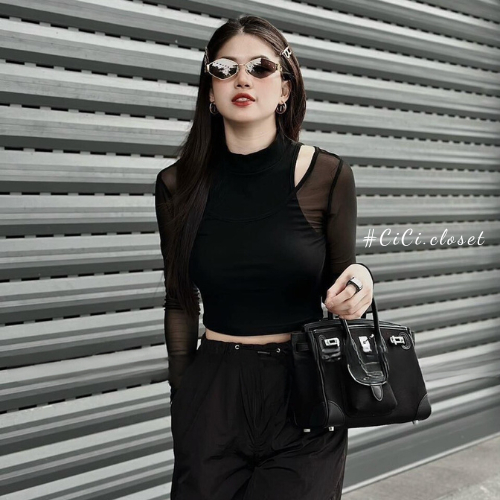 Áo thun lưới xuyên thấu dài tay,áo lưới nữ tay dài mix áo thun ba lỗ ôm body phong cách sexy,cá tính
