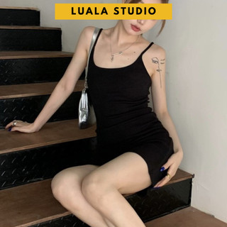 Đầm body 2 dây quai nhỏ Luala váy ôm form ngắn chất liệu thun gân dày dặn màu đen phong cách Hàn Quốc Freesize