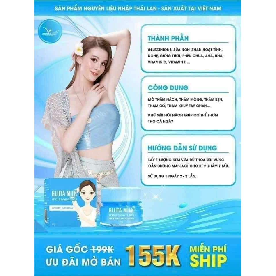 Kem Giảm Thâm Nách,Thâm Mông, Đầu Gối, Khuỷu Tay Gluta Milk Thái Lan15g Tặng Tuýp Nhỏ 10gr Giúp Da Trắng Mịn Khử Mùi