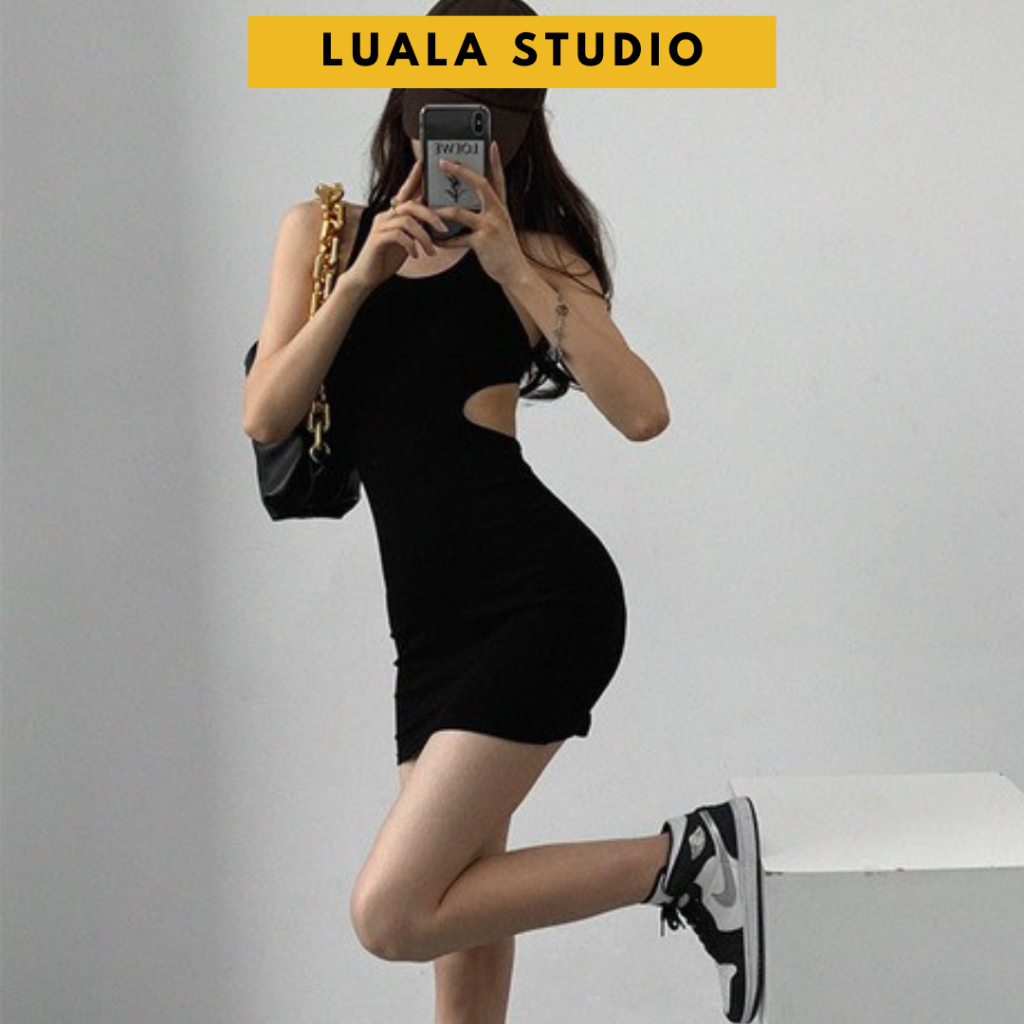 Đầm body khoét eo hở lưng Luala váy ôm form ngắn chất liệu thun gân dày dặn màu đen phong cách Hàn Quốc Freesize