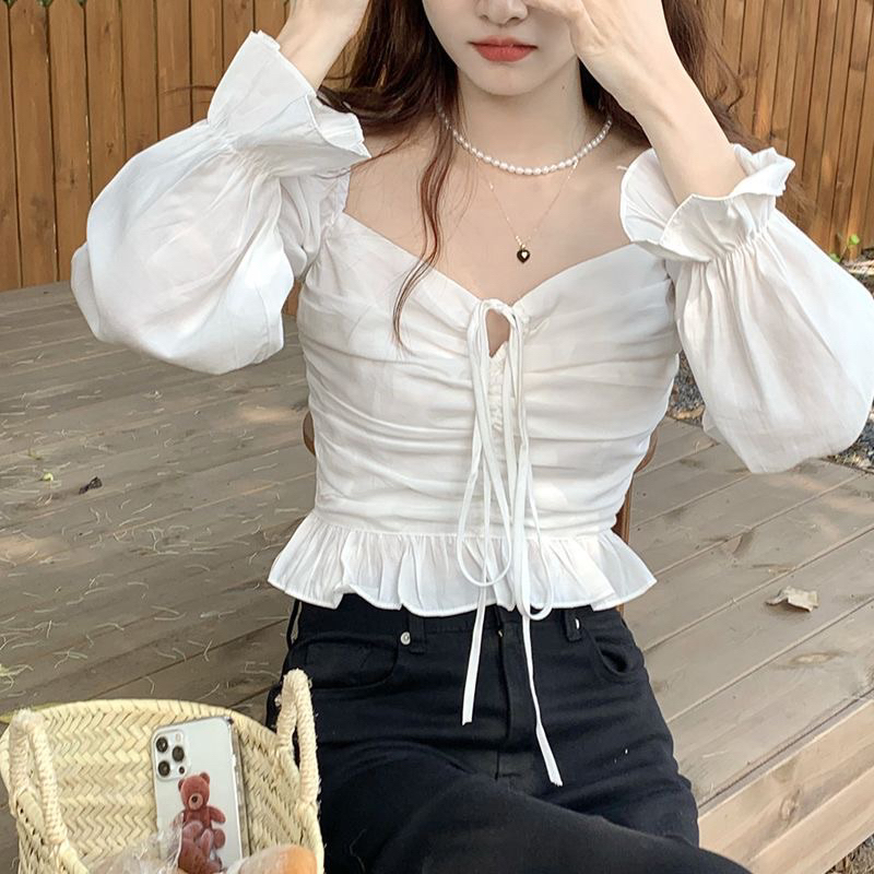 Áo kiểu croptop Herbi dài tay bo eo tay bèo phối dây thắt ngực tôn dáng 2 màu đen và trắng thời trang nữ