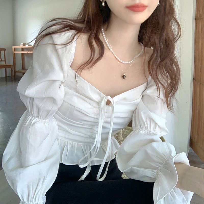 Áo kiểu croptop Herbi dài tay bo eo tay bèo phối dây thắt ngực tôn dáng 2 màu đen và trắng thời trang nữ