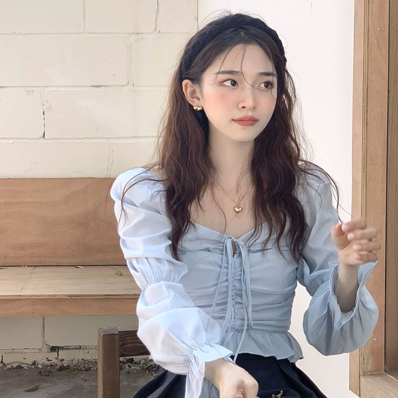 Áo kiểu croptop Herbi dài tay bo eo tay bèo phối dây thắt ngực tôn dáng 2 màu đen và trắng thời trang nữ