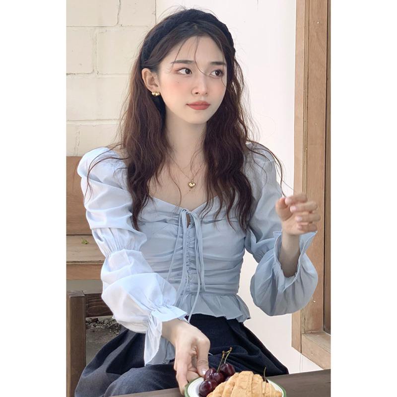 Áo kiểu croptop Herbi dài tay bo eo tay bèo phối dây thắt ngực tôn dáng 2 màu đen và trắng thời trang nữ