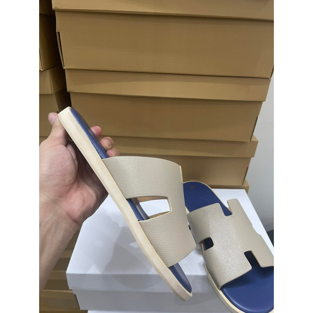 Dép lê nam HM quai ngang da PU trơn sần hình chữ H đế phíp gỗ 3 lớp hàng cao cấp