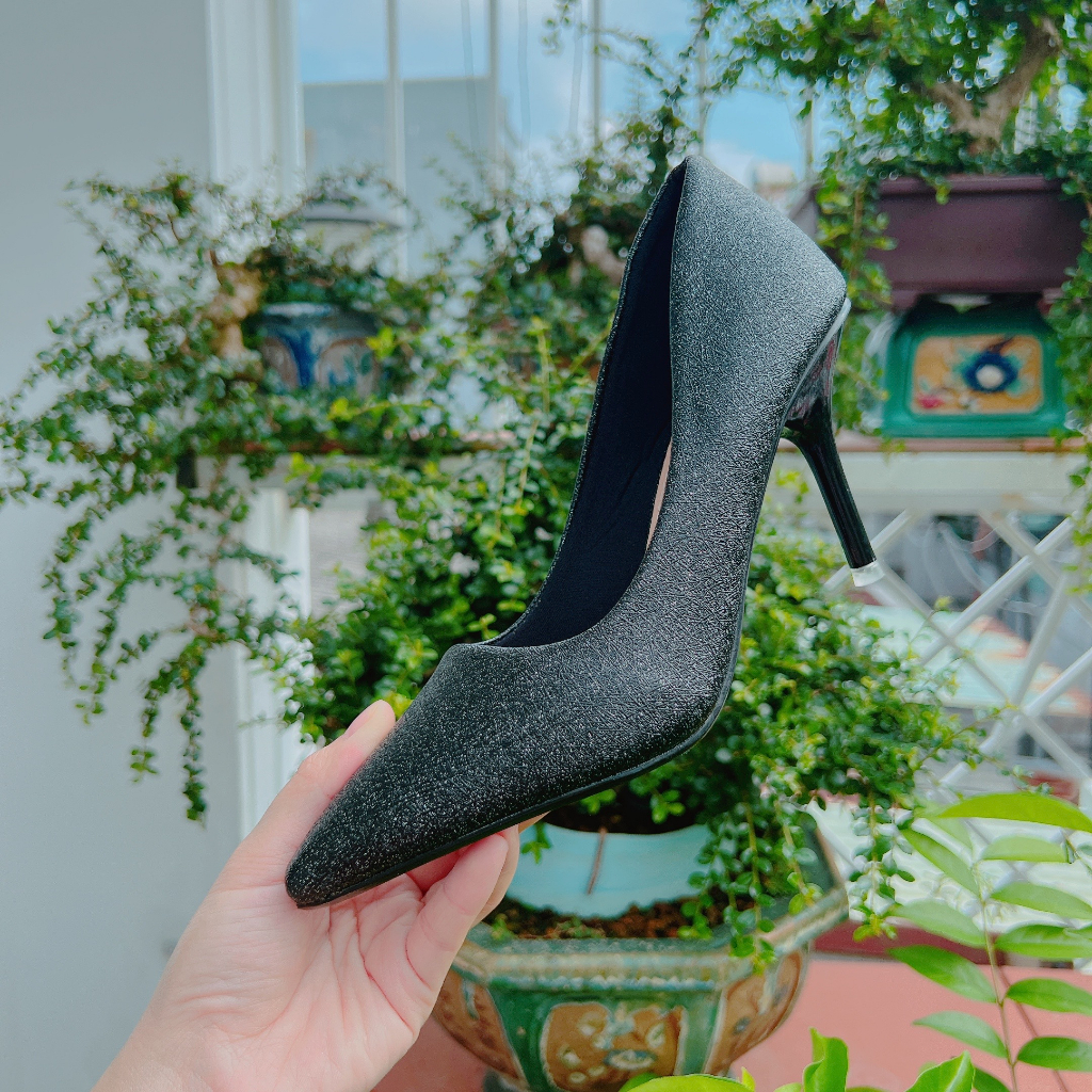 Giày nữ giày công sở thiết kế đơn giản si phủ nhũ 8cm - B90