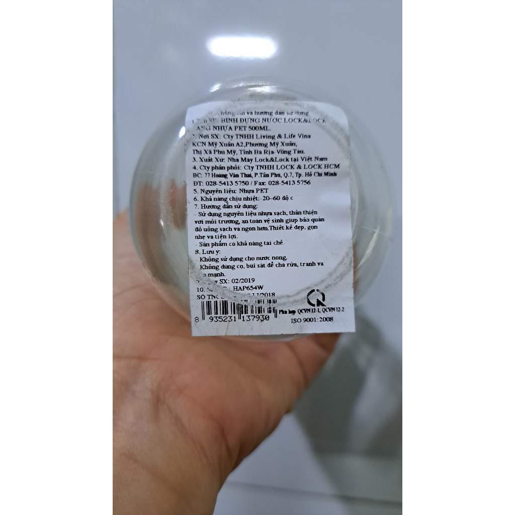 Bình nước nhựa Lock and Lock 500ml nắp trắng