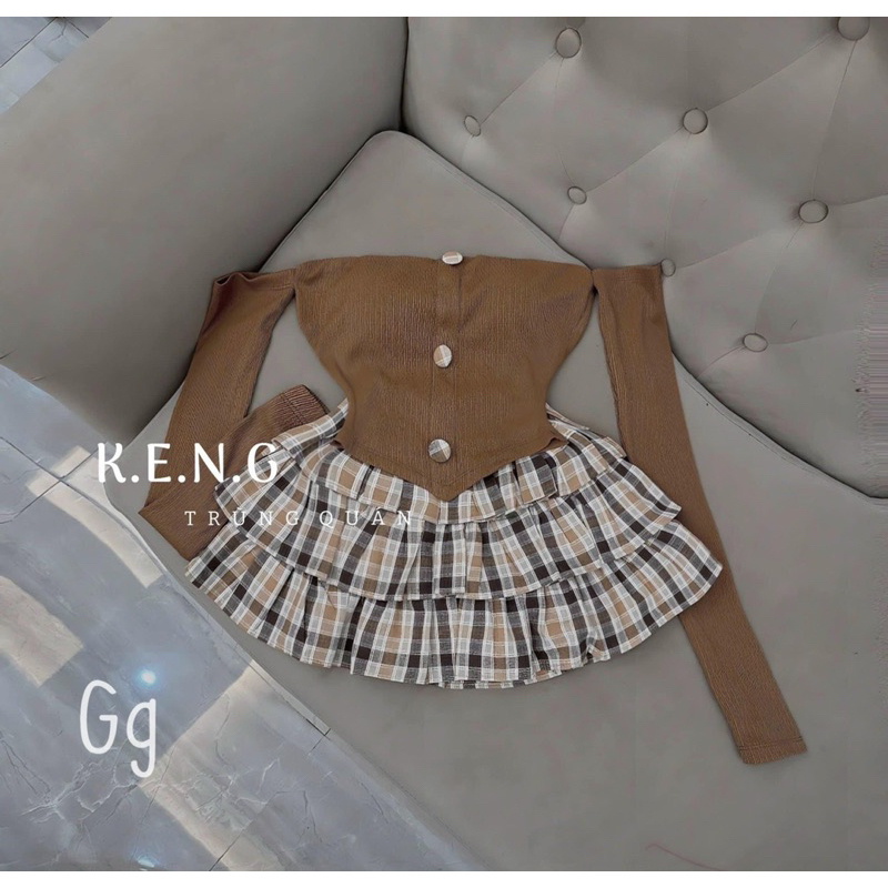 SET VÁY CARO TẦNG ÁO BẸT VAI TAY DÀI SIÊU HOT