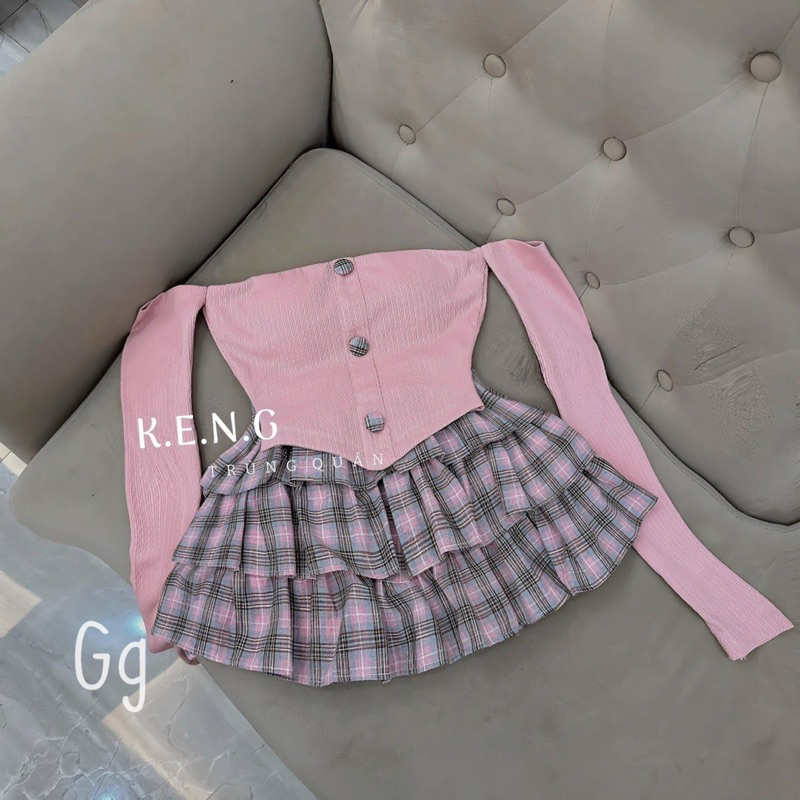 SET VÁY CARO TẦNG ÁO BẸT VAI TAY DÀI SIÊU HOT