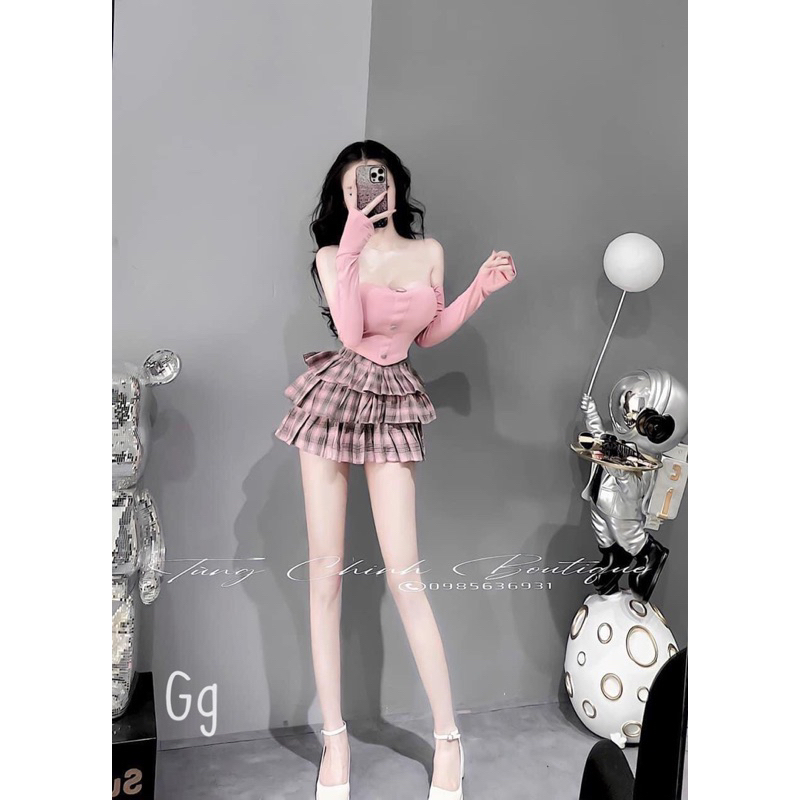 SET VÁY CARO TẦNG ÁO BẸT VAI TAY DÀI SIÊU HOT