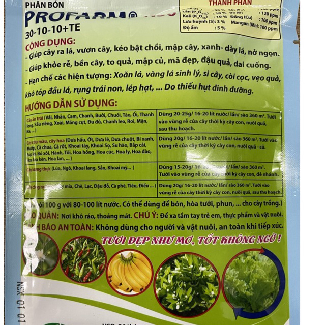 Phân bón lá cao cấp;· PROFARM- N30 30-10-10 + TE ; phân bón lá trung vi lượng; siêu vọt đọt; Siêu bật chồi, siêu bật lộc