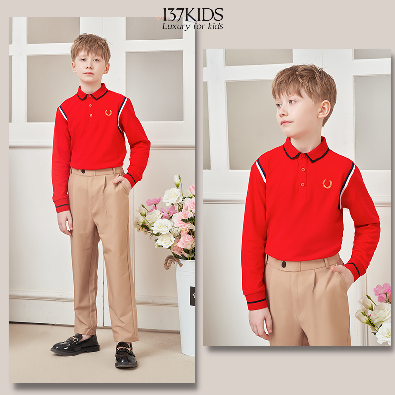 Áo polo cotton dài tay bé trai 137KIDS thiết kế đỏ sọc vai APLDT12