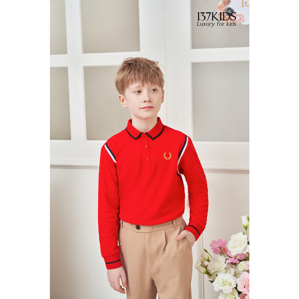 Áo polo cotton dài tay bé trai 137KIDS thiết kế đỏ sọc vai APLDT12