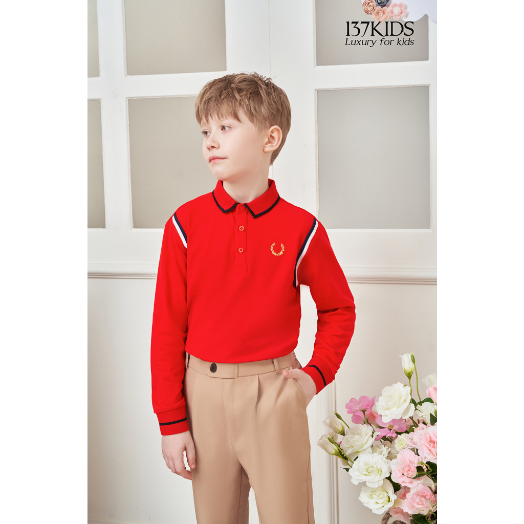 Áo polo cotton dài tay bé trai 137KIDS thiết kế đỏ sọc vai APLDT12