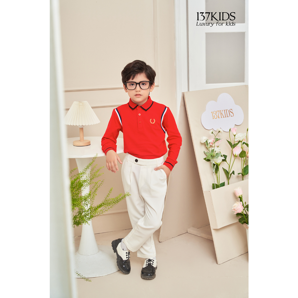 Áo polo cotton dài tay bé trai 137KIDS thiết kế đỏ sọc vai APLDT12