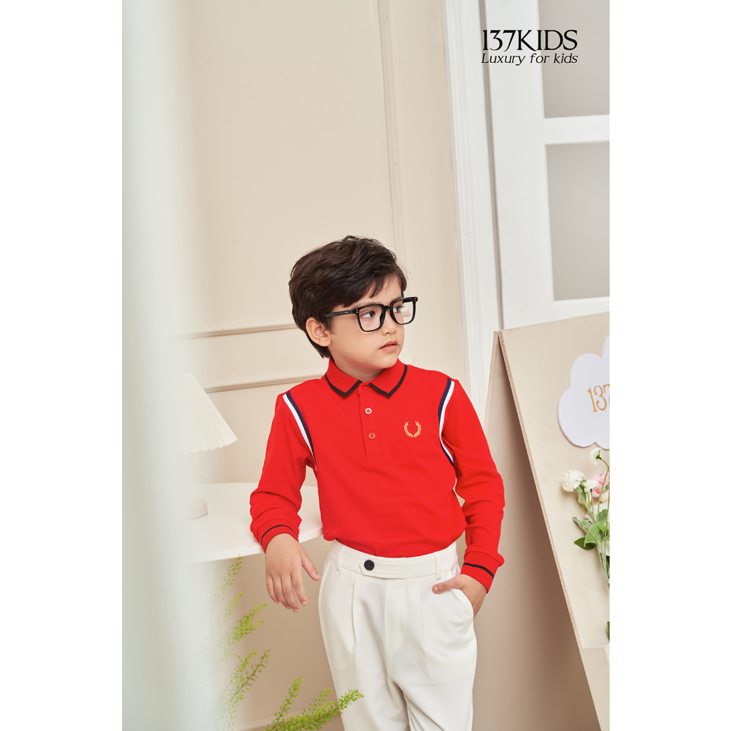 Áo polo cotton dài tay bé trai 137KIDS thiết kế đỏ sọc vai APLDT12