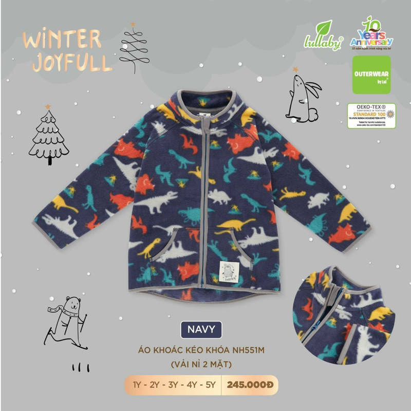Áo khoác kéo khoá vải nỉ lông 2 mặt ấm áp cho bé 1-5 tuổi chính hãng lullaby