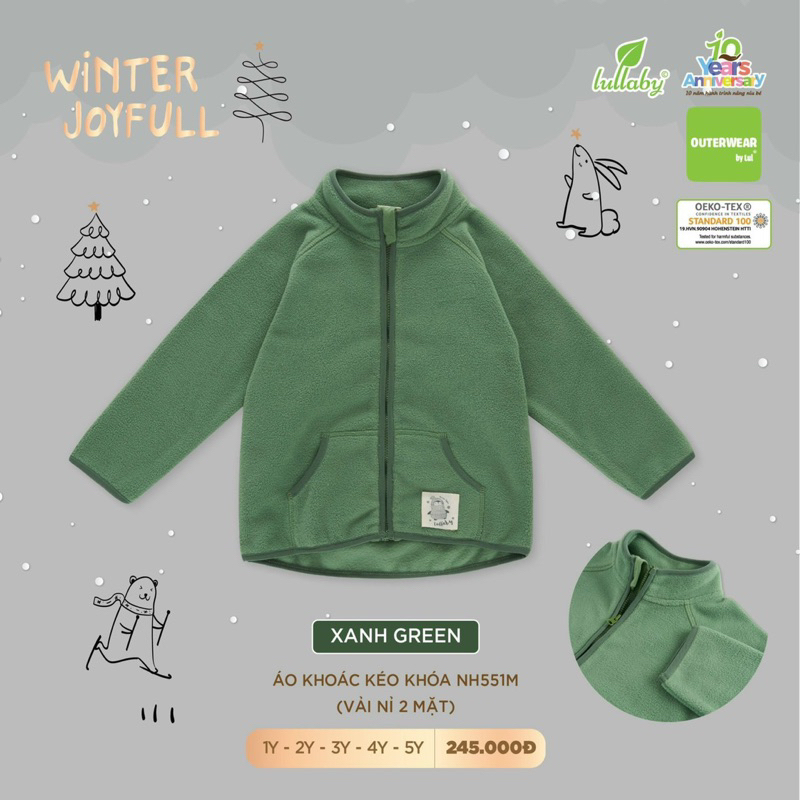 Áo khoác kéo khoá vải nỉ lông 2 mặt ấm áp cho bé 1-5 tuổi chính hãng lullaby
