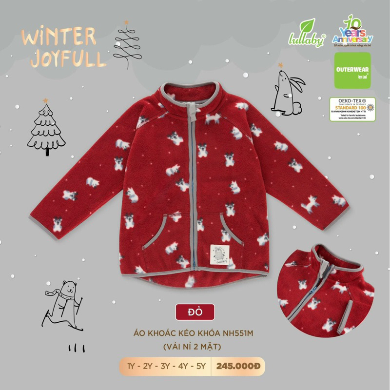 Áo khoác kéo khoá vải nỉ lông 2 mặt ấm áp cho bé 1-5 tuổi chính hãng lullaby