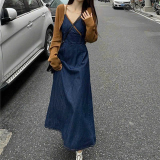 đầm nữ đi choie chất jeans 2 dây viền nâu váy maxi dàu hơn mẫu kèm áo khoác thun tay dài