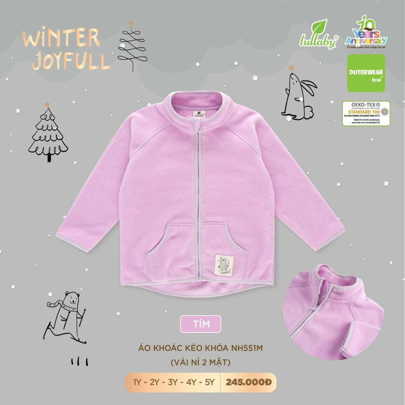 Áo khoác kéo khoá vải nỉ lông 2 mặt ấm áp cho bé 1-5 tuổi chính hãng lullaby