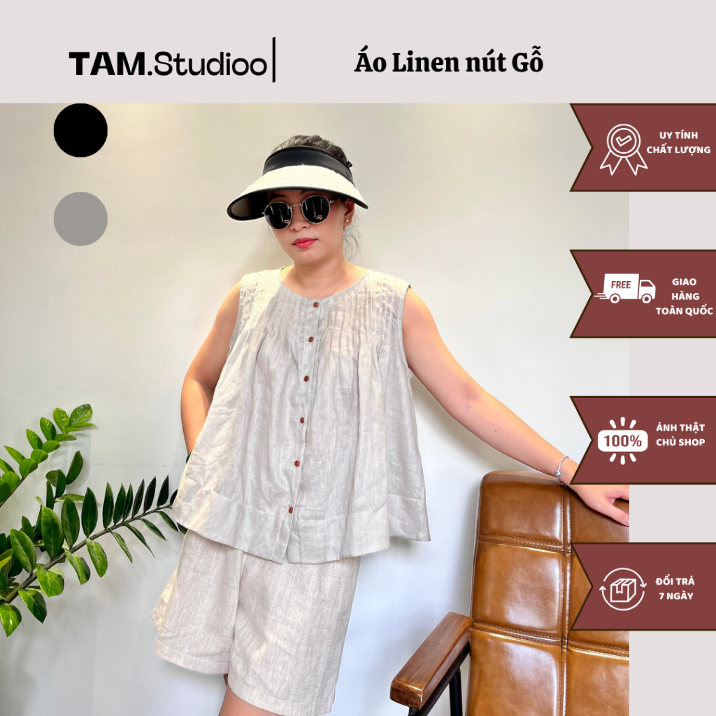 Áo kiểu sơmi nữ sát vai Linen TamStudioo phối nút gỗ cao cấp phong cách vintage