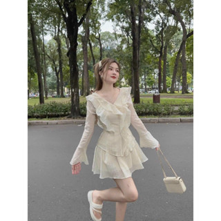 Sét váy thời trang nữ mặc đi chơi chất voan tơ cổ v tay dài bèo rũ tiểu thư mix chân váy xoè 2 màu kem và đen