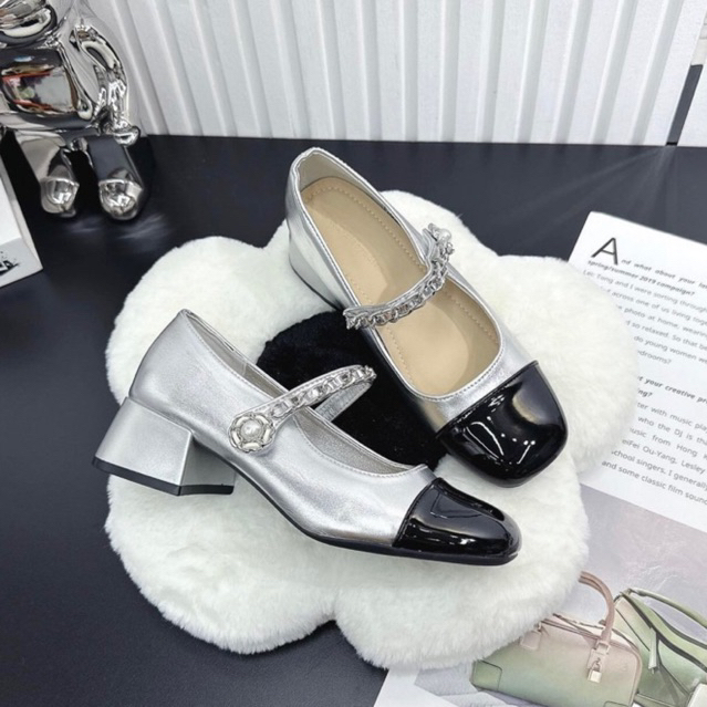 Slingback quai xích 2 màu bạc, trắng