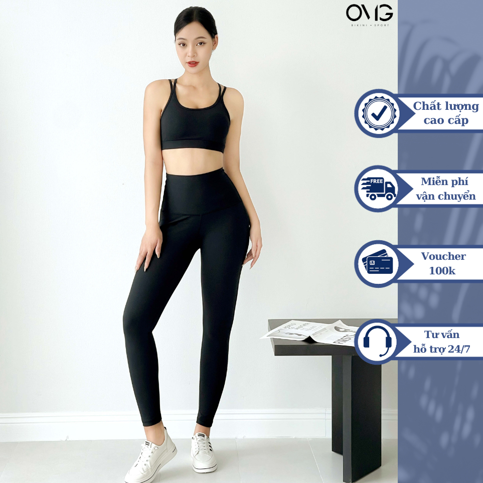 Bộ đồ tập Gym, Yoga BIKINI PASSPORT kiểu quần dài cạp cao, áo dây kép - màu Đen - BG109_BL