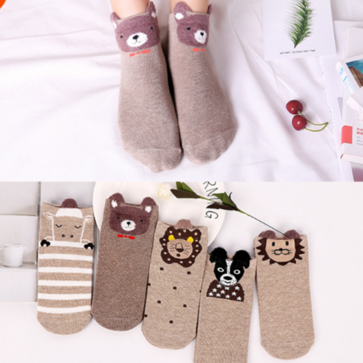 Combo 5 Đôi Tất Thu Đông Nâu Dễ Thương Cute Cotton Co Giãn