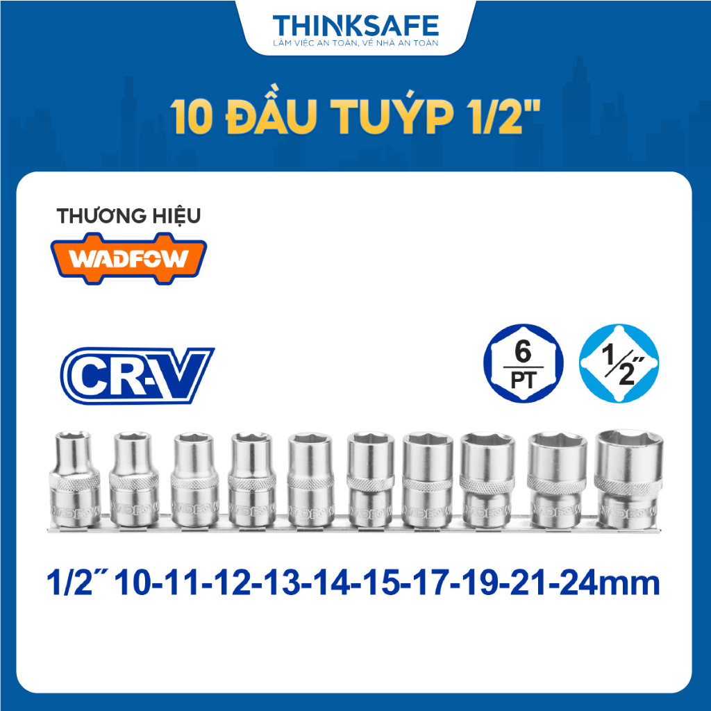 Bộ 10 đầu tuýp 1/2 inch Wadfow WST2410 nhiều kích thước chất liệu thép crv mạ crom được đặt trong rãnh trượt dễ sử dụng
