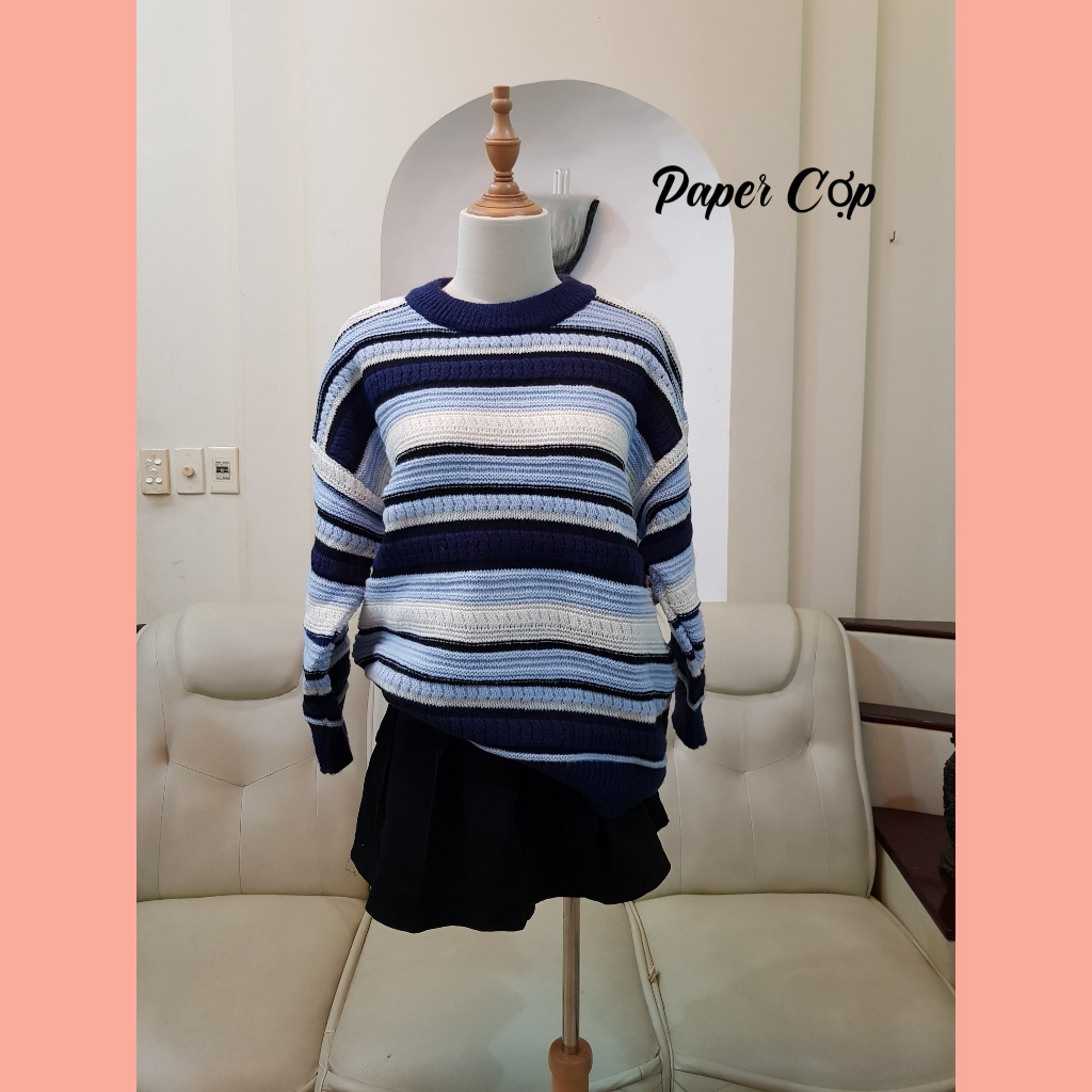 Áo len nữ dài tay cổ tròn sọc ngang form dài dáng rộng giấu quần kiểu dáng Basic phong cách thu đông Hàn Quốc .