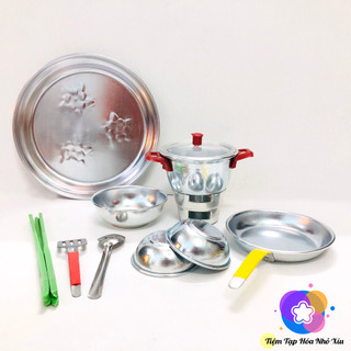 Bộ đồ chơi nấu ăn bằng nhôm mini nấu ăn được thật cho bé đồ chơi nấu ăn inox nhiều dụng cụ sử dụng nến vui nhộn
