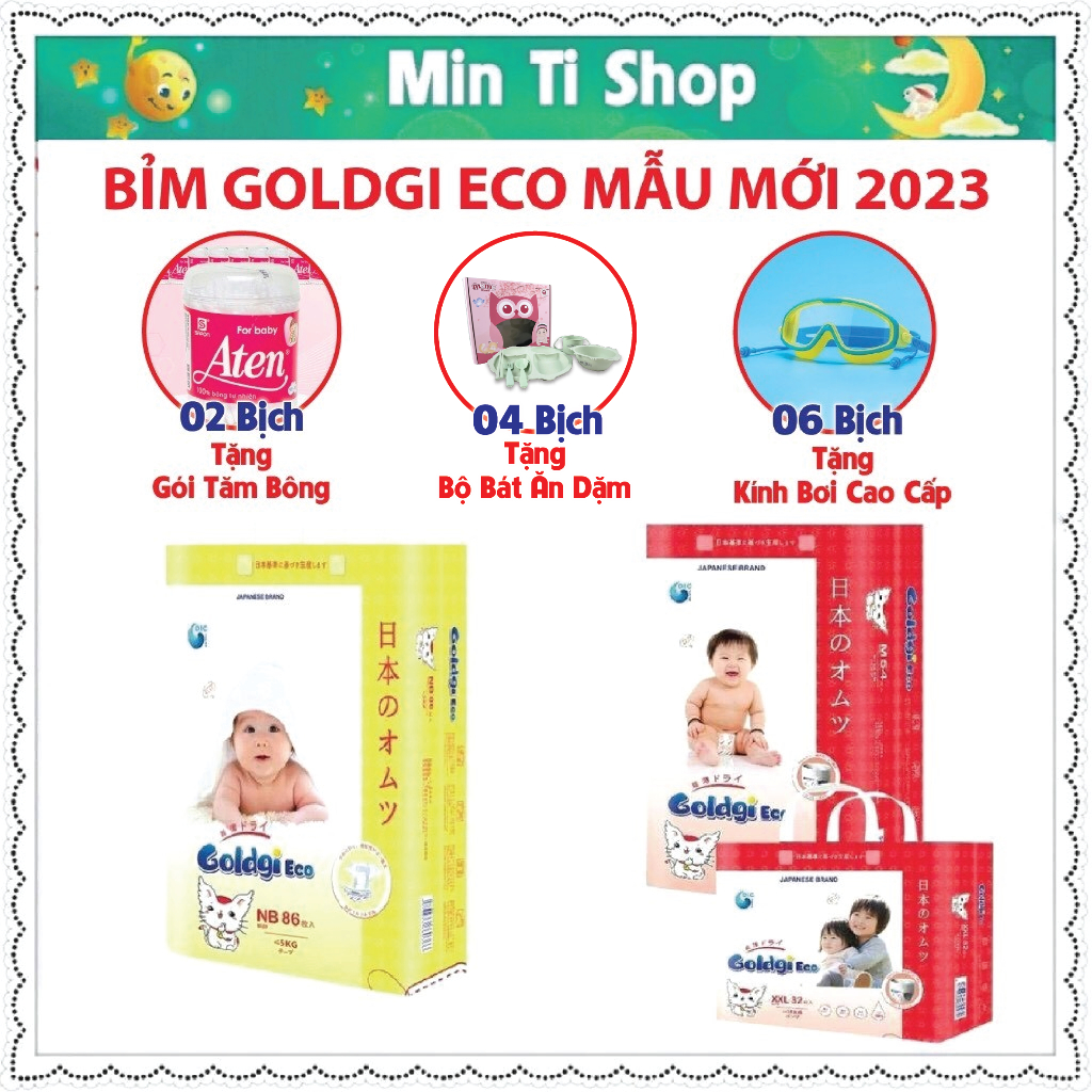 Tã bỉm GOLDGI ECO mới 2023 Nhật Bản đủ size NB86 S76 M66 L56 M54 L48 XL44