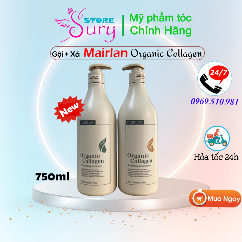 Cặp Dầu Gội Xả Mairlan Organic Collagen 750ml Siêu Mềm Mượt Phục Hồi Tóc Hư Tổn Chính Hãng Sury