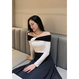 Áo thun nữ Camille áo thun local brand dài tay trễ vai cổ xoắn cách điệu đen trắng tiểu thư xinh xắn