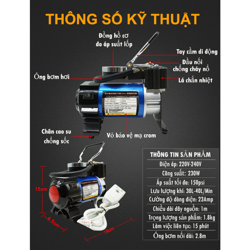 Bơm điện đa năng PapaTool, Máy bơm lốp ô tô mini, Bơm hơi mini 220V - Bơm nhanh, khỏe- Bơm hơi dùng điện 220V