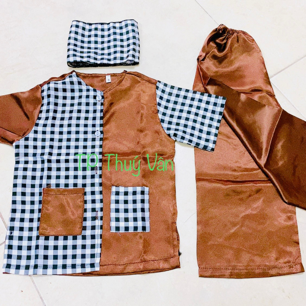 Bà Ba Nâu Kẻ Karo Cho Bé Hóa Thân Nông Dân, Chú Cuội. Trang Phục Đồng Dao Nam Bộ Cho Bé Kèm Khăn